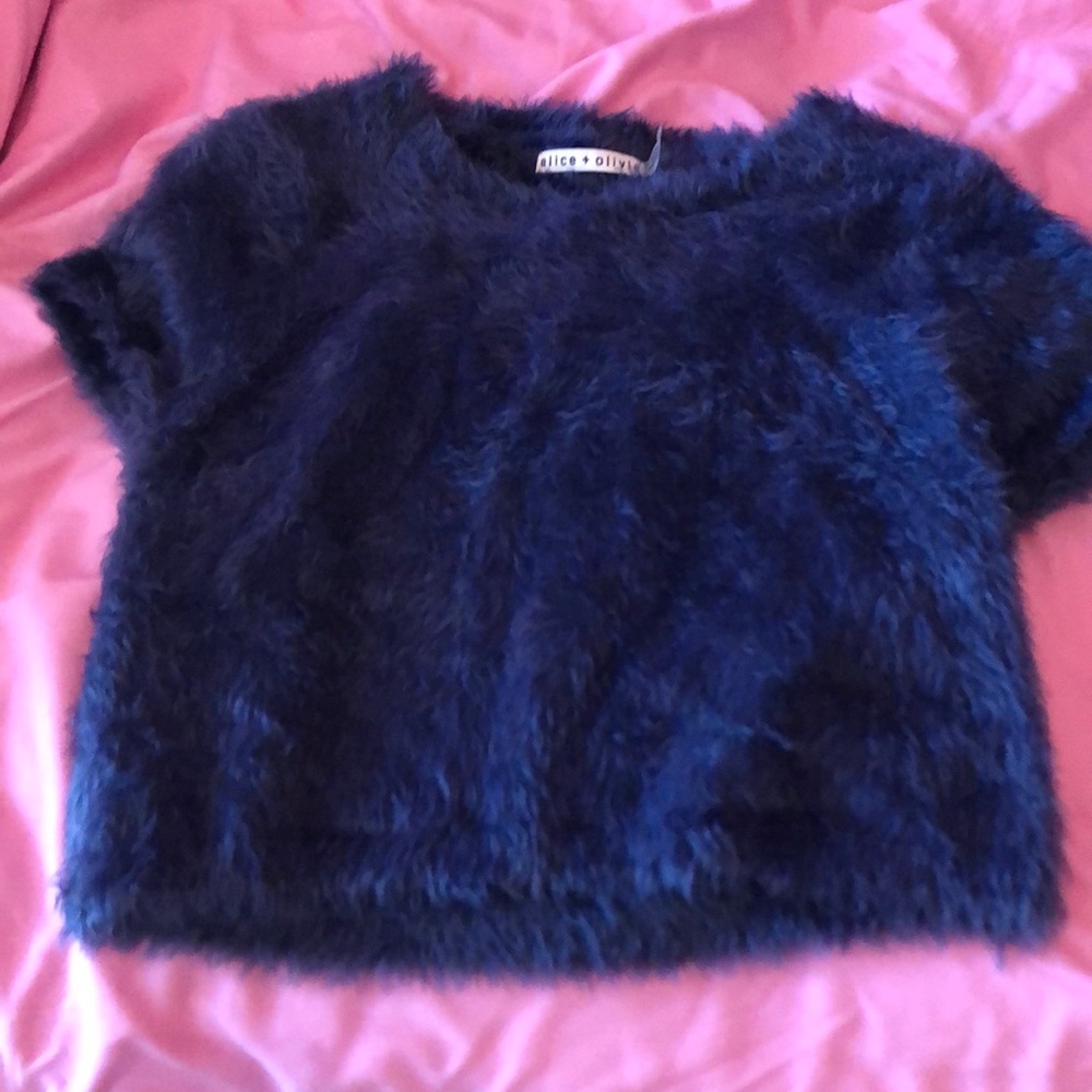 Alice + Olivia navy shag faux fur top size large